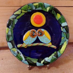 Darcy Abbott Fused Art Glass Plate Love Birds On A Candy Stick Fried Egg Moon
